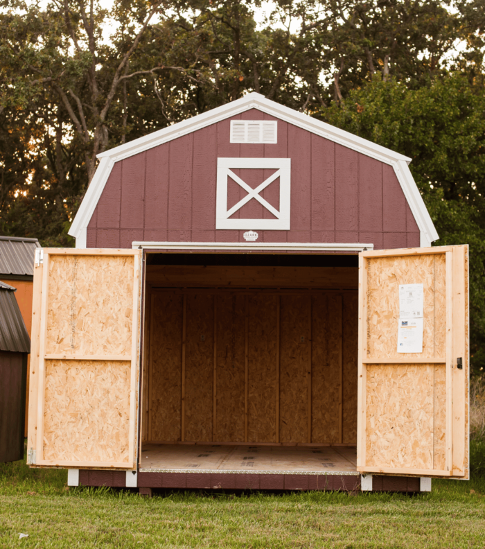 maroon mini barn with doors open