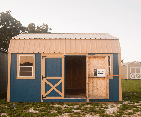 Blue garden shed at Missouri Portable Buildings