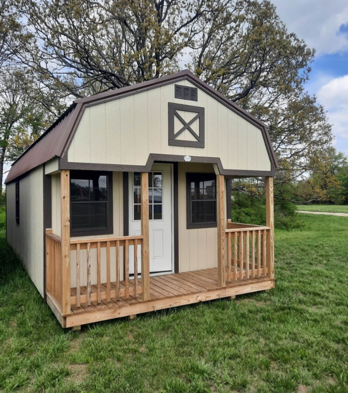 front view of a lofted cabin